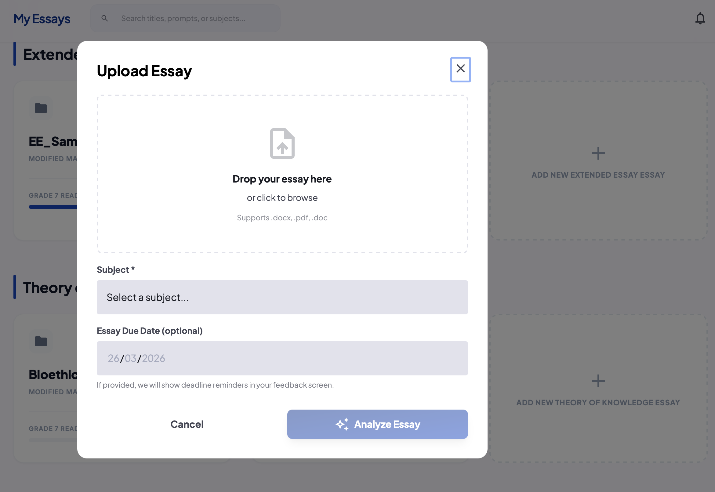 Upload flow with drag-and-drop entry for essay analysis